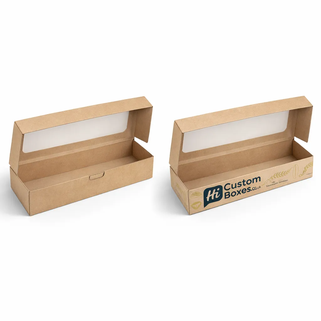 Cardboard baguette boxes with a rectangular top window and custom wheat-style side wall printing. class=